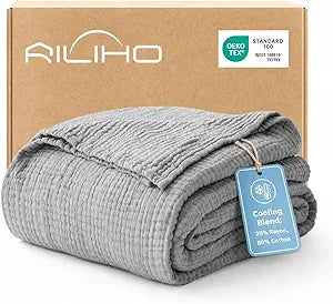 Cooling Muslin Blankets for Hot Sleepers King Size, 20% Rayon Derived from Bamboo, 80% Cotton, Summer Blanket, 6-Layer Soft & Breathable Gauze Blanket, Bedspread, Quilt, 104"x90", Gray