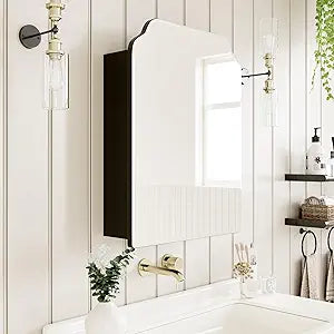 AGDULL Victorian-Style Surface Mount or Recessed Medicine Cabinet, Wood Bathroom Wall Cabinet with Arched Mirror, Black, Right-Swing Door, Overall 16.5" W x 24" H