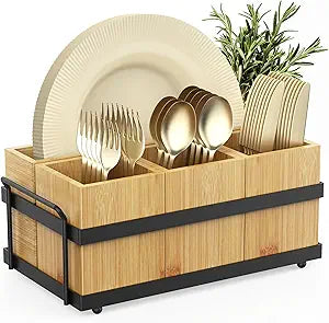 Silverware Caddy for Party, Wood Utensil Caddy with 4 Removable Compartments for Kitchen Countertop Organizing Paper Plate, Fork, Spoon, Napkin