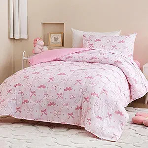 Twin Size Pink Check Comforter Set for Kids, Toddler, Boys&Girls, 4 Pieces Bed-in-a-Bag Bedding Set, All Season Ultra Soft Oeko TEX Sheets Set with Comforter, (Pink Bow)