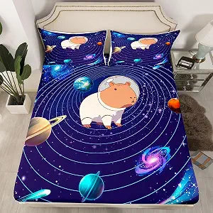 Erosebridal Cute Capybara Bed Sheets for Boys Girls Blue Universe Outer Space Themed Fitted Sheet Lovely Cartoon Funny Capybara Bed Set Galaxy Starry Sky Bedding Set Kawaii Capybara Bedding Twin