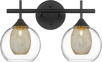 Black and Gold Bathroom Light Fixture, Farmhouse Wall Sconce Lighting with Clear Glass and Honeycomb Metal Shade, 2-Light Black Brass Vanity Light Over Mirror, AD-22001-2W-BK