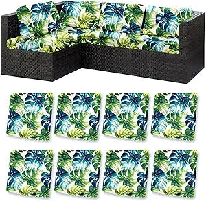 HANDONTIME 8Pcs Outdoor Patio Cushion Covers Green Leaves Stretch Couch Cushion Cover Patio Couch Slipcover for Outdoor Washable Non-Slip Furniture Protector for Pet Sofa Cover(Green,Cover Only)