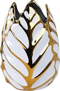 Flower Vase for Home DecorModern Ceramic Leaf Texture Accent, Decorative Centerpiece for Floral Arrangements on Dining Table, Coffee Table, Stylish Home Accessories 8", Gold & White