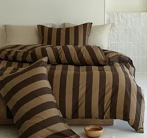 Striped Duvet Cover King, 100% Natural Cotton Vintage Brown & Beige Stripes Pattern Reversible Duvet Cover, 3pcs Soft Breathable Bedding Set for All Season