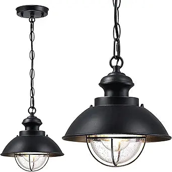 Outdoor Hanging Lights, Farmhouse Exterior Pendant Light Lantern with Adjustable Chain, Matte Black Outdoor Chandelier with Seeded Glass for Front Porch Gazebo Entryway Breezeway Pergolas