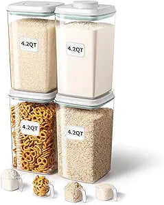 Ankou Airtight Food Storage Container with Pop Lid & 130ml Scoop, 4L/4.2qt *4 BPA-Free Cereal, Rice, Flour, Pasta & Snack Container, Stackable & Durable,Kitchen Pantry Organizer