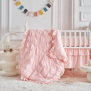 Ruffled Crib Bedding Set Baby Boho Quilted Comforter with Fitted Sheet and Bed Skirt - Cute Soft Breathable Seersucker Ruffled Shabby Chic Bedding Soft Blanket Design - Light Pink