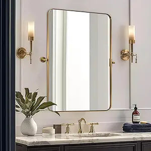 ANDY STAR 22"x34" Brushed Gold Pivot Mirror for Bathroom, Brass Metal Frame Bathroom Mirrors for WallRectangle Titling Vanity Wall Mirror with Rounded Corner Design Hangs Vertically Only