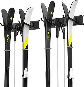WALMANN Wall Mounted Ski Rack, Garage Ski Storage for 4 Pairs of Skis Mount Hanger Home Shed and Garage Snowboard Wall Rack Holds Up to 200 lbs
