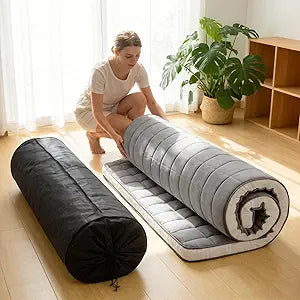 Tiita Japanese Floor Mattress Futon Mattress 4 Thick Folding Roll Up Sleeping Pad with Bag & Strap, Bed Topper Mat for Guest, Lounger and Travel, Grey,Full Size