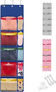 Handy Laundry Weekly Clothes Organizer for Kids 5-Shelf Hanging Closet Storage with Day of the Week Labels, Over the Door or Wall Mount, Large Capacity, Encourages Routine, Blue