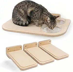 INICIO Cat Shelves Dog Proof Feeding Station with Wall Mounted Shelves, 3 Steps for wall with Floating Shelf for Cats Up to 15lbs, Includes Cat Food Bowls for Convenient Feeding Natural Wood