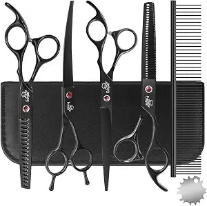 7-Inch Dog Grooming Scissors Set, 4-in-1 Pet Shears Kit with Straight, Curved, Thinning & Chunkers, Includes Comb for Home & Professional Grooming