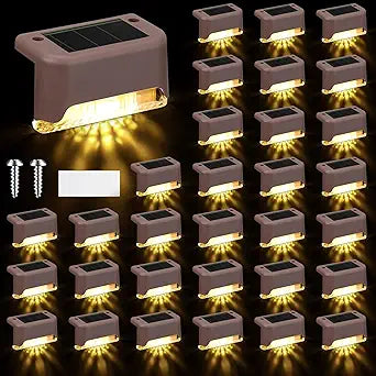 Geelin 32 Pcs Solar Deck Lights Outdoor, Waterproof LED Solar Step Fence Lights for Stairs, Step, Railing, Patio, Driveway, Garden, Pathway and Yard(Brown Shell Warm White Light)