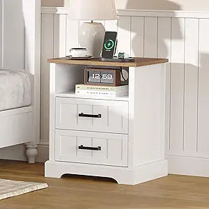ChooChoo Farmhouse Night Stands with Charging Station, Wood Nightstand with 2 Drawers, Bedside Table with Open Storage Shelf for Bedroom, White