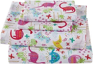 Linen Plus Sheet Set for Girls Dinosaur Pink White Red Purple Yellow Dinosaurs Jurassic Flat Sheet Fitted Sheet and Pillow Cases Full Size New