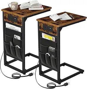 AMHANCIBLE C Shaped End Table with Charging Station, TV Tray Set of 2, Couch Tables with Storage Bag, Slide Under Sofa Side Table with USB Ports and Outlets for Living Room, Rustic Brown HET04CBR