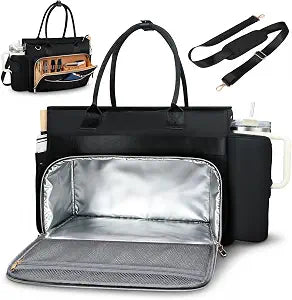 SIYNPAV 3 in 1 Work Tote Bag with Insulated Lunch Compartment, 15.6 Inch Laptop Tote Bag Quilted Nylon Lunch Tote with Water Bottle Pocket for Women Teacher Nurse Business School (Black)