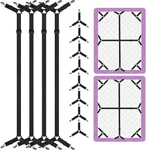 EasYoung 12PCS Bed Sheet Straps, Secure & Adjustable Fitted Sheet Holders for Full, Queen, King & More, Heavy Duty Nylon & Metal Clips