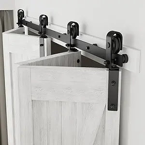 CCJH 72" Bi-Folding Sliding Barn Door Hardware Kit for 4 Doors,Slide Smoothly Quietly,Black Track J Shape Roller,No Door
