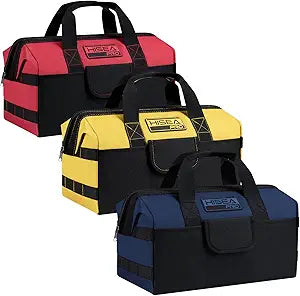 HISEA 3 Pack Heavy Duty Tool Bag with Storage Pockets, 16-Inch Tools Organizer Tote with Wide Base, Waterproof Durable Tool Bags with Zipper for Electrician, Tradesman (Red, Yellow, Blue)