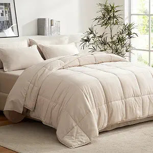 COZYART Full Comforter Set 7 Pcs, Beige Bed in a Bag