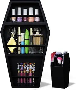 EpicGifts Goth Makeup Shelf - 3 Shelf Standing or Floating Wall Coffin, Makeup Brush Holder (Black)