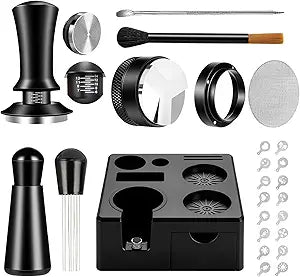9 Pcs 51mm Espresso Accessories Kit for Coffee WDT Tool Accessories Set with Tamper Square Espresso Tamping Station Distributor Dosing Funnel Stirrer Brush Puck Screen Latte Art Pen & Stencils -51mm