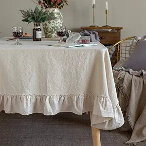 GLORY SEASON Retro Farmhouse Ruffle Tablecloth Cotton Flounces Trim Washable Table Cover Tablecloths for Rectangle Table Baby Shower Kitchen Party Wedding Decor 60''x84''