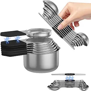 Magnetic Measuring Cups and Spoons Set 304 Stainless Steel | Dual-sided Design | 15-Piece with Leveler | N52 Space-Saving Magnetic Nesting | Baking & Meal Prep | Kitchen Gift (Black)