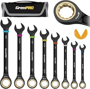 GRENPRO 9PC SAE Ratcheting Wrench Set 5/16"-3/4" Long Combination Open End