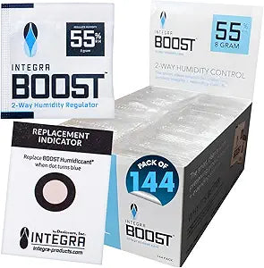 Integra Boost - 55% RH Level - 8 Gram Size - Two-Way Humidity Control Pack Incl. Replacement Indicator Cards - Food Storage & Herbs Preserver Moisture Balancer, Protects 1 OZ (Pack of 144)