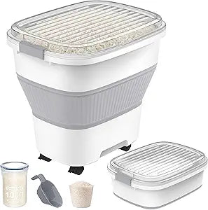 50 Lbs Rice Storage Container with Wheels, Collapsible Airtight Rice Holder with Transparent Lid, Measuring Cup, Scoop, Handle, BPA Free Food Storage Container for Pet Food, Grain, Bird Seed