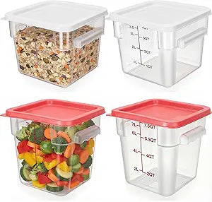 Lallisa 4 Pcs 8qt & 4qt Clear Food Storage Containers with Lids Handles and Scales, Stackable Plastic Square Food Storage Containers for Dough Proofing Baking Kitchen Restaurant(White, Red)