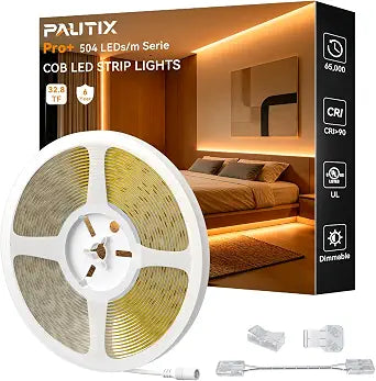 PAUTIX COB LED Strip Light 32.8ft/10m 5040LEDs Amber 2000K CRI90+ High Lumen,DC24V Flexible LED Tape for Cabinet Home DIY Lighting Projects with 1pcs COB Connector Wire(Power Supply Not Included)