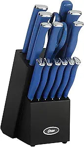 Oster Langmore 15-Piece Stainless Steel Cutlery Knife Block Set with Classic Blue Handles Full Kitchen Knife Set in Black Storage Box