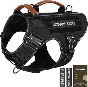 Service Dog Vest - HEYCAHVA Tactical Dog Harness Full Metal Buckles Dog Vest for Large Medium Dog Reflective No Pull Dog Harnesses with Leather Handle, Hook & Loop for Hiking Training (Black, XL)