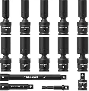 PRIDE&CRAFT 3/8 Drive Deep Universal Socket Set, 14 Piece Cr-Mo Steel Air Tool Accessories for Automotive & Machinery, 6-Point Universal Joint Socket, Metric,10-19mm,with Extension Bars