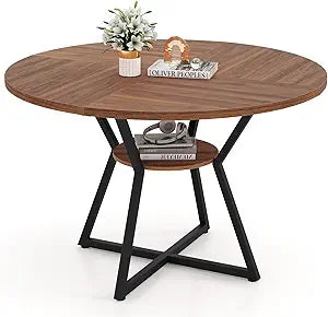 Giantex 47-inches Round Dining Table for 4, Kitchen Table with Storage Shelf, Wood Grain Tabletop, X-Shaped Metal Base, Adjustable Foot Pads, Circle Dinner Tables for Dinette, Living Room