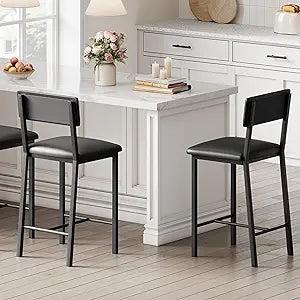 GAOMON Set of 2 Counter Height Bar Stools - 25 Inch Heavy-Duty Metal Frame - Ergonomic PU Leather Upholstered Chairs with Backrest & Footrest - Easy to Clean - for Kitchen Island, Dining Room, Home