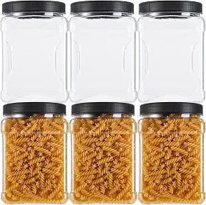 Lawei Square Plastic Jars with Lids - Clear Empty Storage Containers for Food Storage, Plastic Food Jars with Easy Grip Handles for Dry Goods Cookies Rice and More (6 Pack 60 Oz)