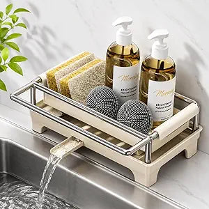Kitchen Sink Caddy Organizer with Draining Tray and Towel Rail, Stainless Steel Sponge Holder, Dish Soap Storage Rack, Sink Organizer for Sponges, Scrub Brushes, Soap Bottles and Cleaning Supplies