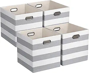 13x13x13 Storage Cube Bins, Foldable Storage Cubes Cubby Baskets Organizer Cloth Bins for Cube Storage Organizing Shelf Closet, Pack of 4, Gray/White Stripe