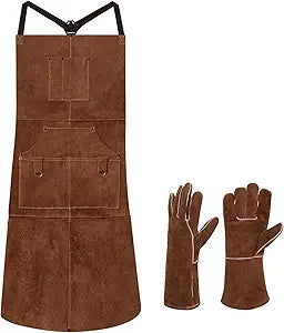 eletecpro Heavy Duty Leather Welding Apron Genuine Cowhide Flame & Heat Resistant Adjustable 42Lx24W with 6 Tool Pockets and Gloves for Mechanic, BBQ, Woodworking, Gardening, Men & Women Gift, Brown