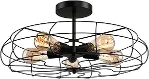 Ceiling Light Industrial Semi Flush Mount Ceiling Pendant Lighting Black Metal Cage 5 Light Close to Ceiling Light Farmhouse Vintage Ceiling Lamp Fan Style