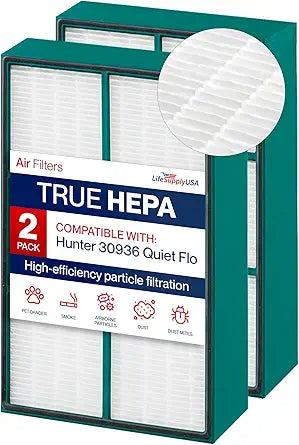 30936 True HEPA Filter Replacement Compatible with Hunter QuietFlo Air Purifier Models 30058, 30085, 30090, 30095, 30105, 30117, 30130, 36095, 36117, 36127, 37090, 30999 by LifeSupplyUSA (2-Pack)