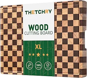 THETCHRY Cutting Boards for Kitchen, Extra Large Chopping Board for Stovetop, Checkered Acacia Wood Cutting Board with Juice Grooves, Butcher Block with Gift Box, 20" x 15" x 1"