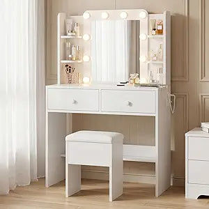 FUXA White Vanity Desk with Mirror and Power Outlet, 10 LED Lights with 3 Modes, Makeup Table Set with Drawers, Shelves and Chair