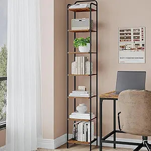 Hzuaneri Bookcase Bookshelf, Narrow Book Shelf, Industrial Corner Shelf Storage Organizer, Slim Shelving Unit for Home Office, Living Room, Bedroom, Kitchen, 7-Tier Rustic Brown and Black BC24701B